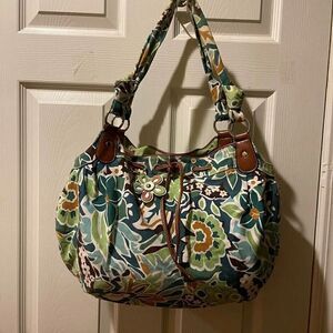 Croft & Barrow canvas floral large shoulder see bag with synthetic leather trim.